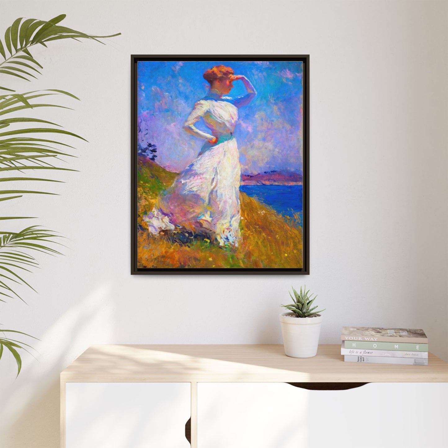Framed Matte Canvas Art - Woman in White Seaside Impressionist Print