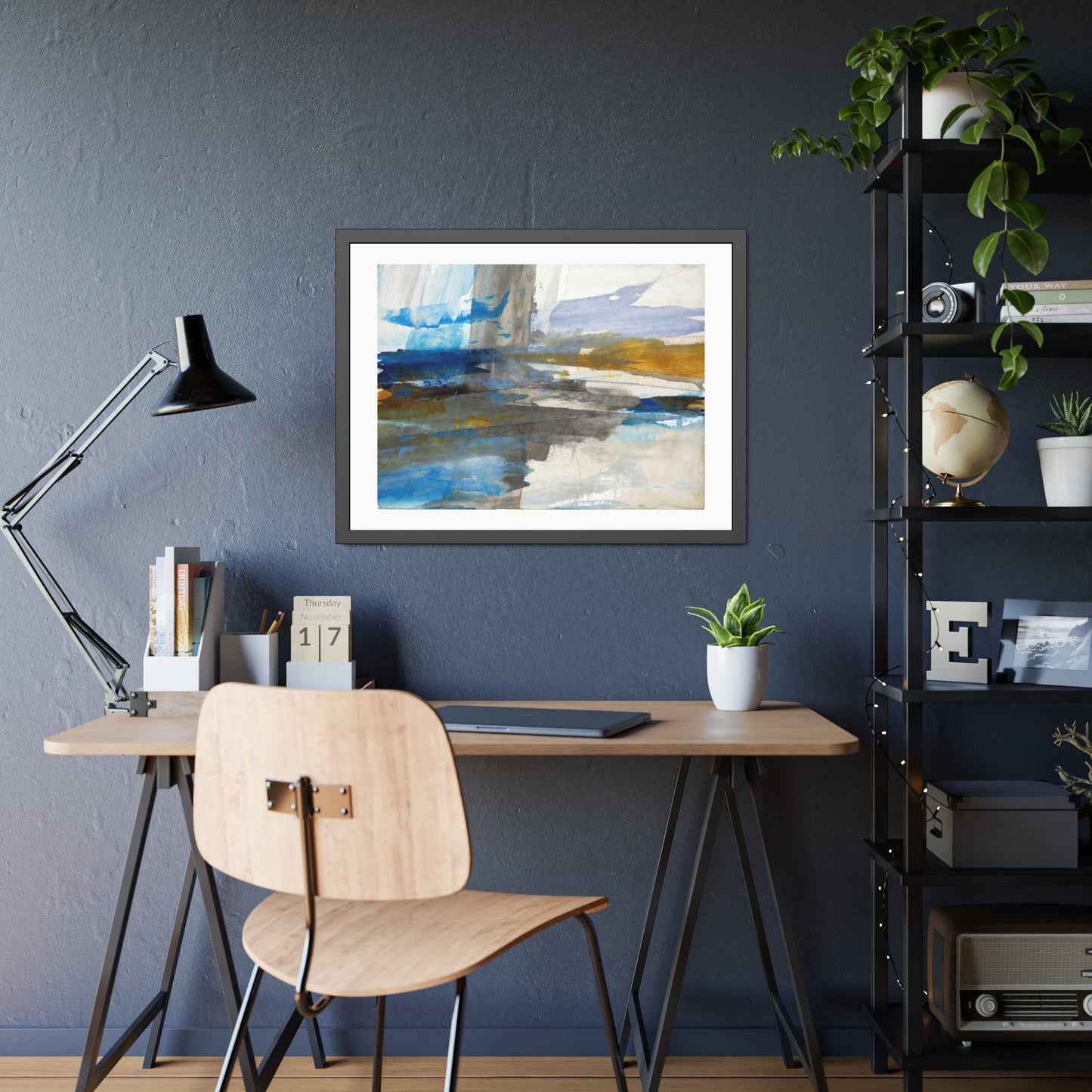 Abstract Coastal Waterscape Framed Poster — Blue & Gold Modern Wall Art