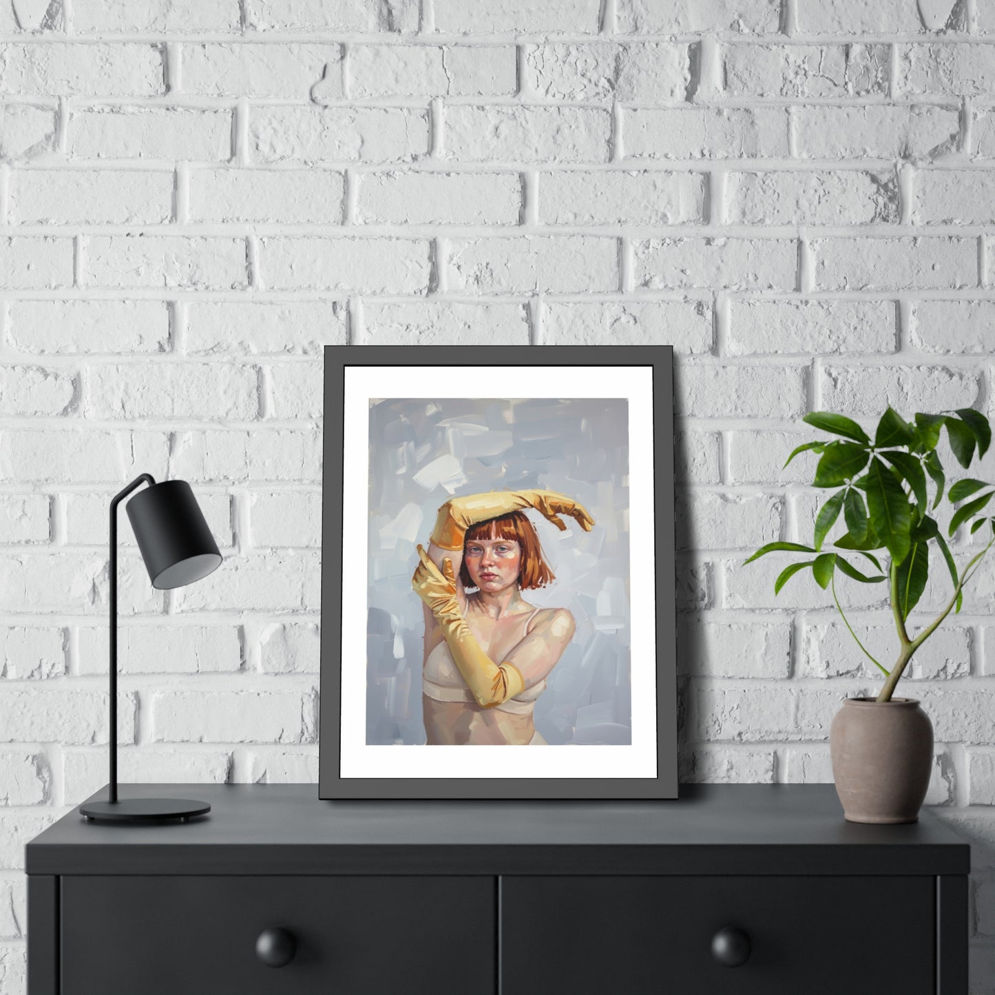 Framed Art Print — Portrait of Woman in Yellow Gloves (Modern Figurative Wall Art)