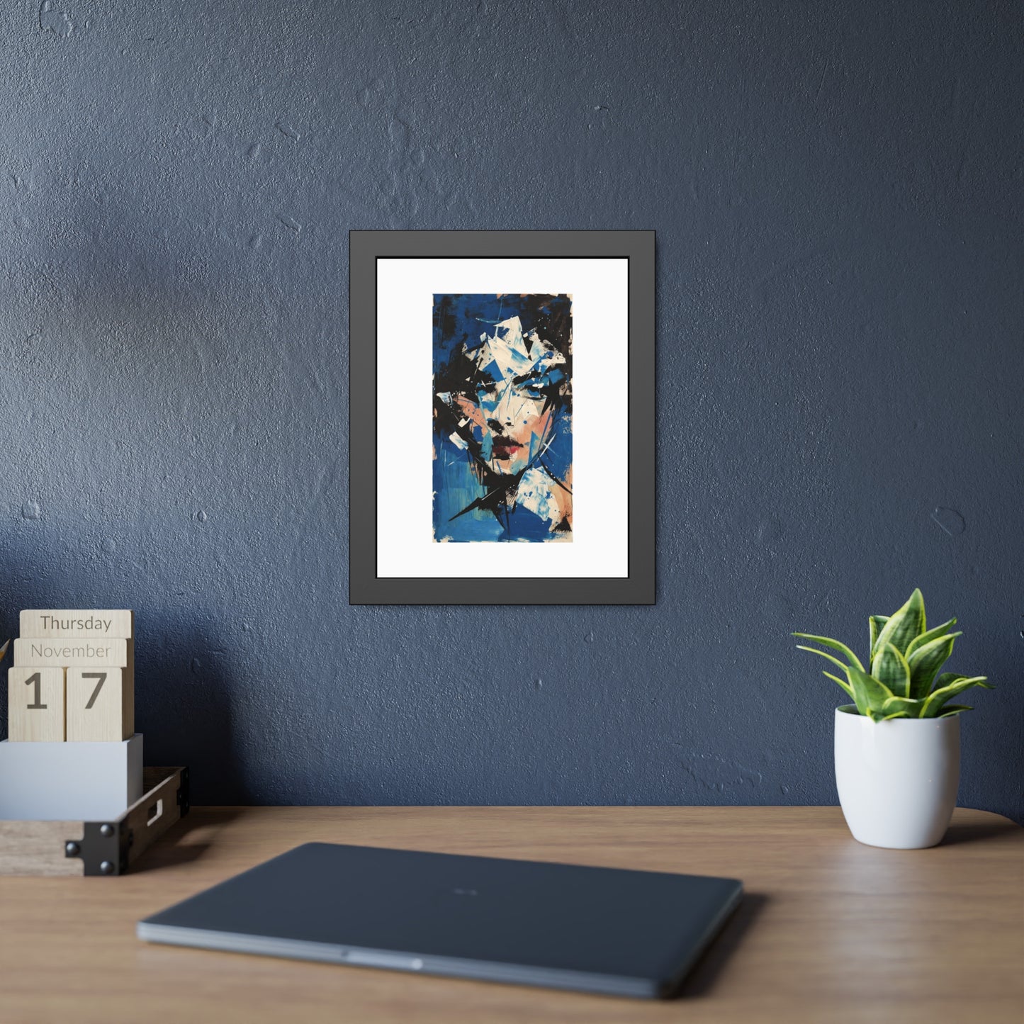 Abstract Blue Portrait Framed Paper Poster — Modern Expressionist Wall Art