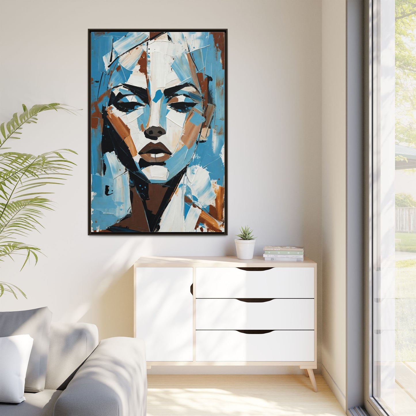 Abstract Blue Face Matte Canvas Wall Art — Framed Modern Portrait Print