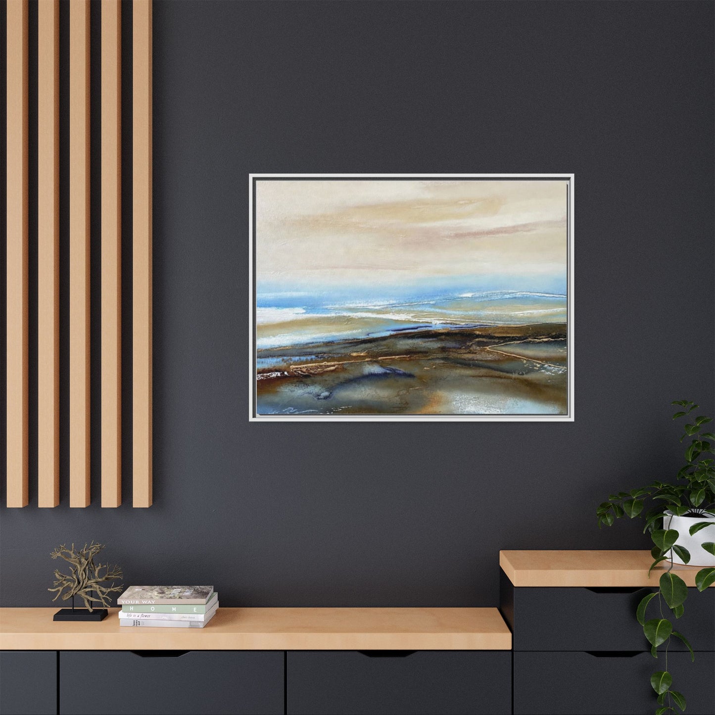 Framed Abstract Seascape Matte Canvas — Coastal Blue & Earth Tone Wall Art