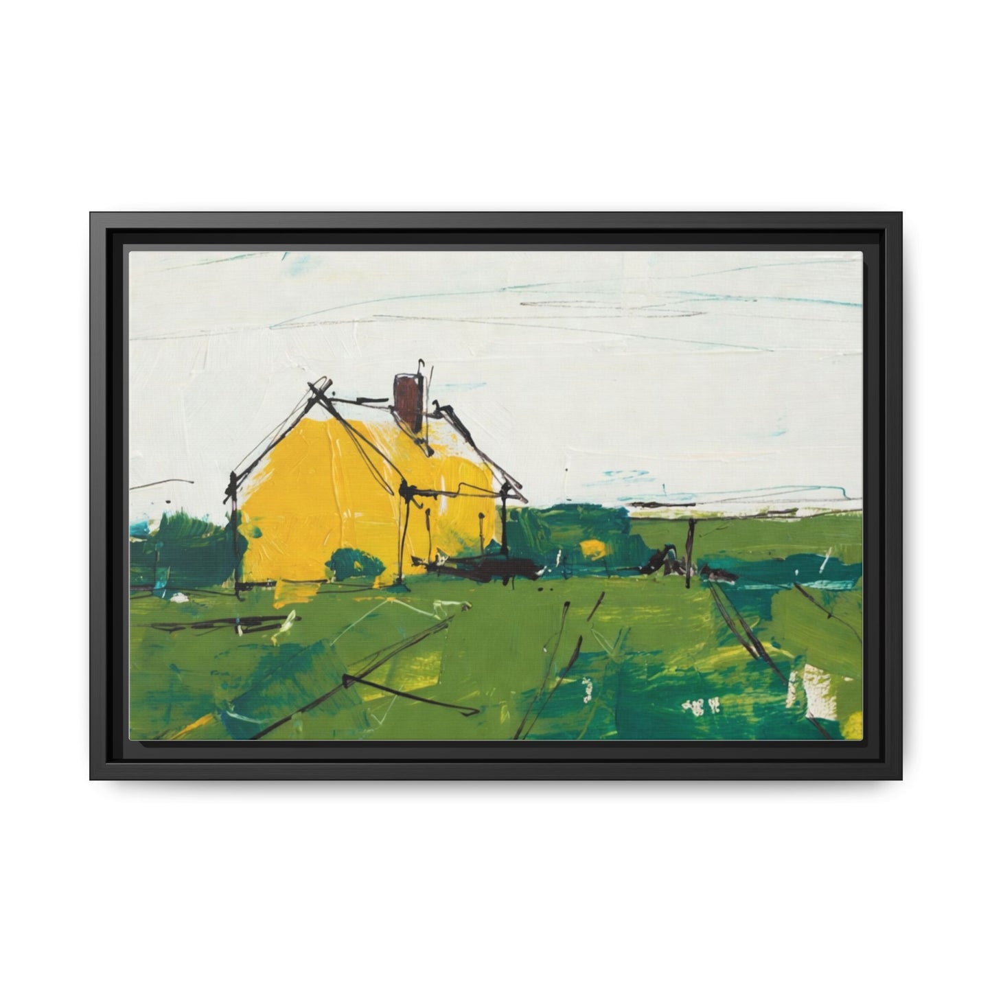 Yellow Cottage Landscape Framed Canvas Print