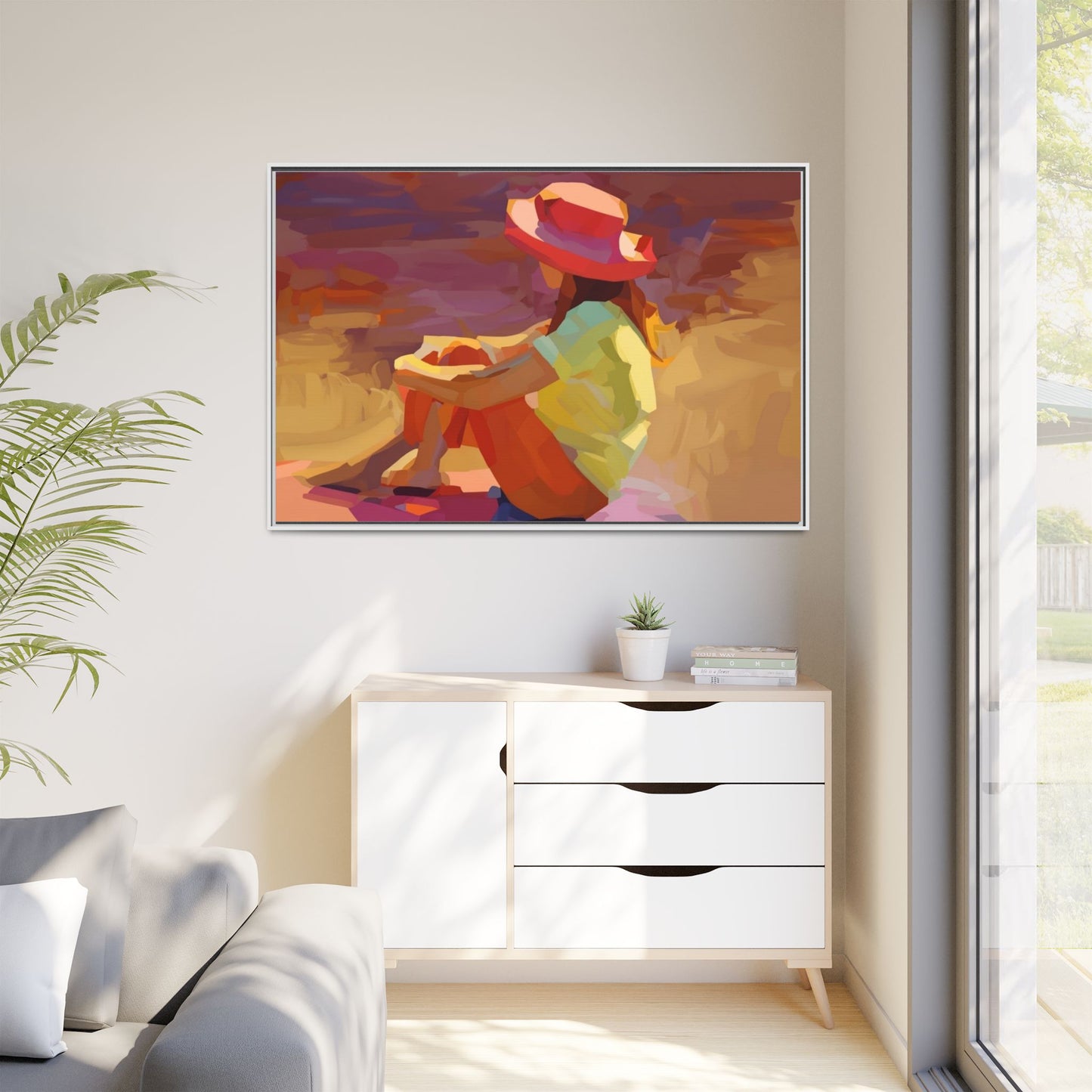 Framed Matte Canvas — Colorful Seated Girl Beach Art