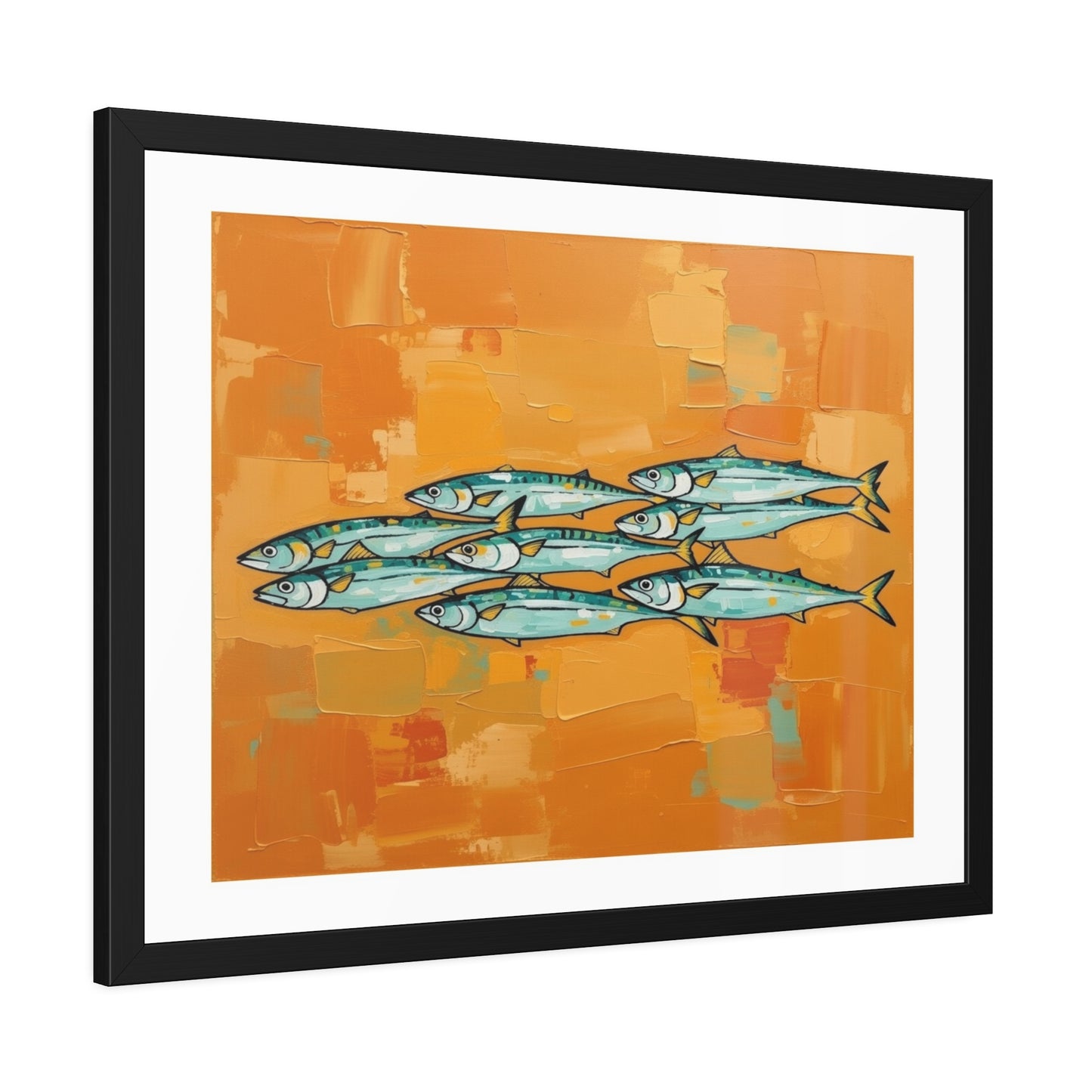 Framed Fish Art Print — School of Mackerel on Orange Abstract Background
