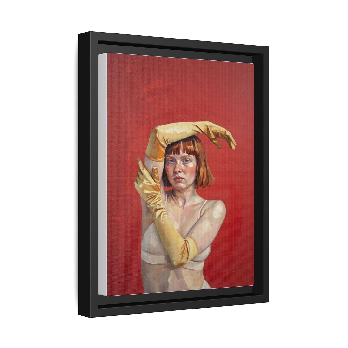 Framed Matte Canvas Art - Portrait of Woman in Yellow Gloves (Red Background)