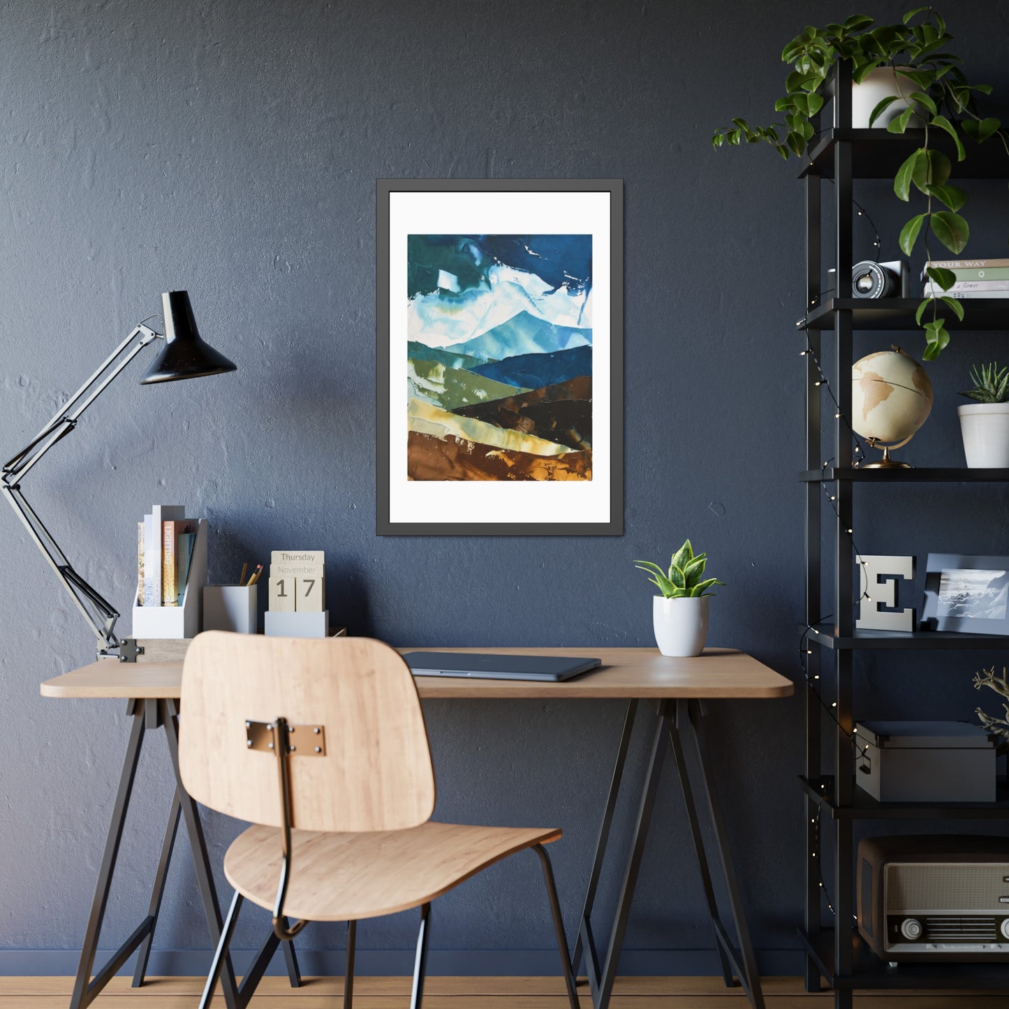 Framed Abstract Mountain Art Print – Blue & Earthtone Layered Landscape Poster