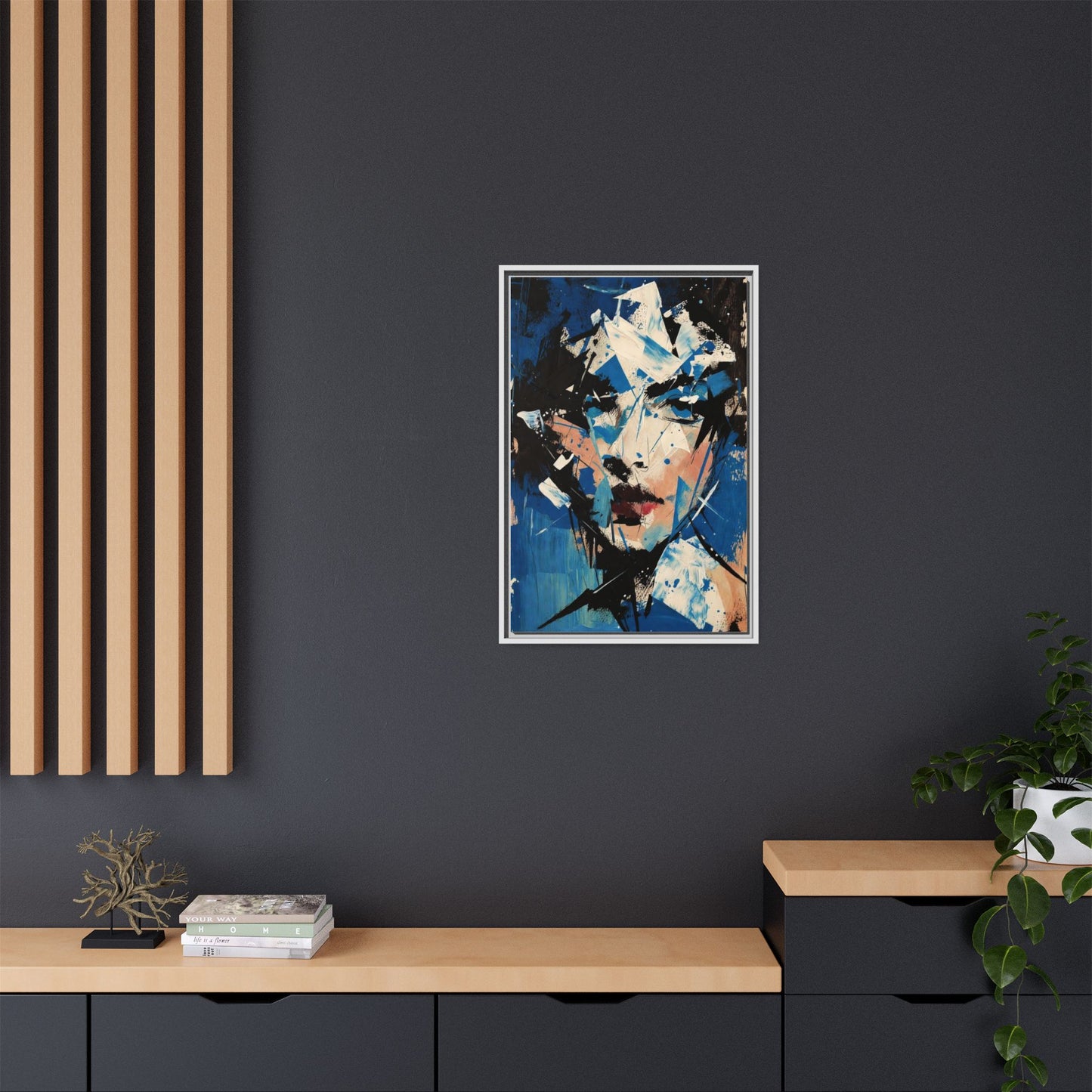 Abstract Portrait Matte Canvas Framed Wall Art — Blue Mixed-Media Face Print