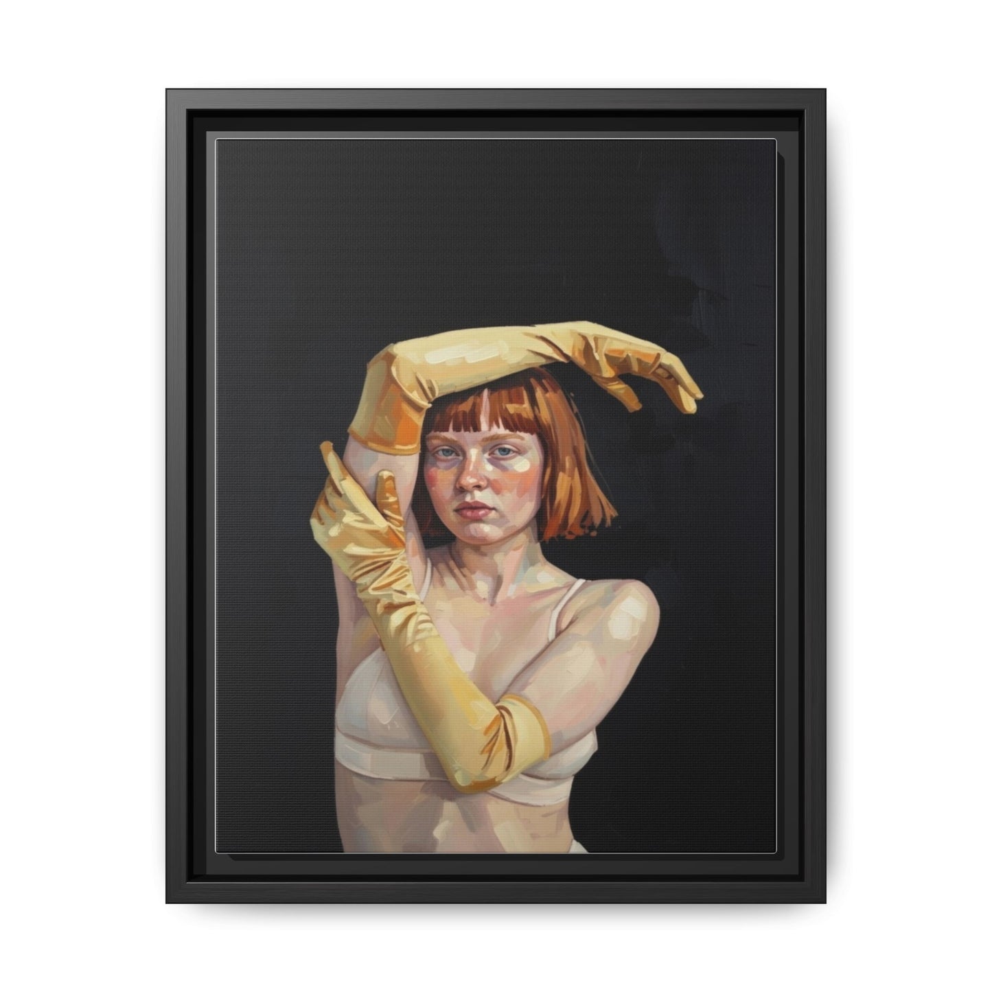 Framed Matte Canvas Art – Portrait of Woman in Yellow Gloves