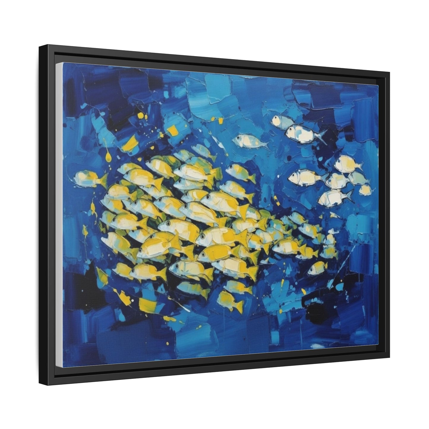 Framed Matte Canvas: Blue School of Fish Wall Art