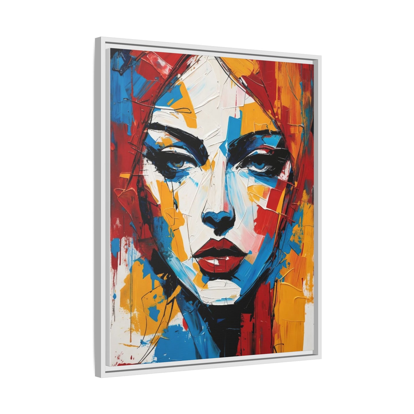 Framed Abstract Portrait Canvas — Colorful Female Face Wall Art