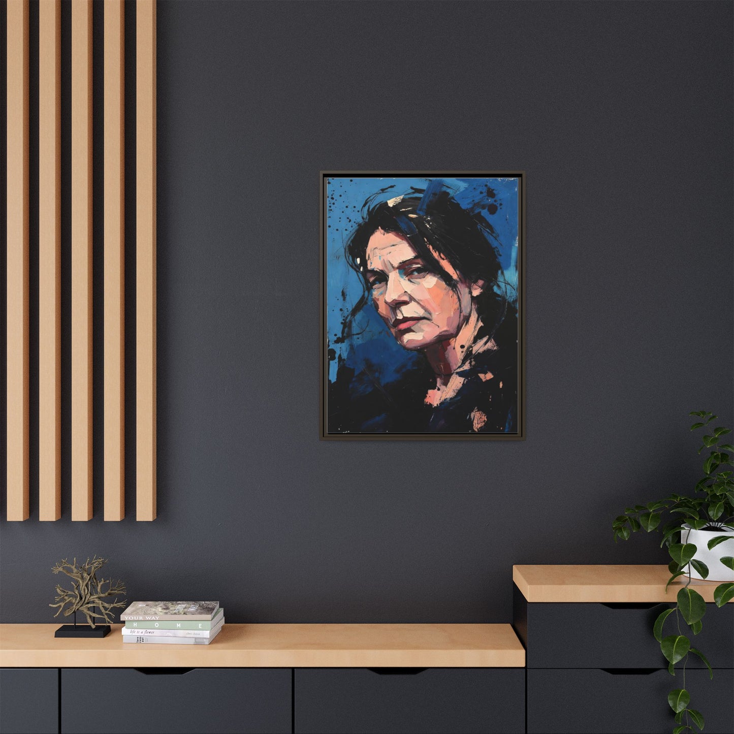 Framed Matte Canvas Portrait — Expressive Blue Painterly Woman Art