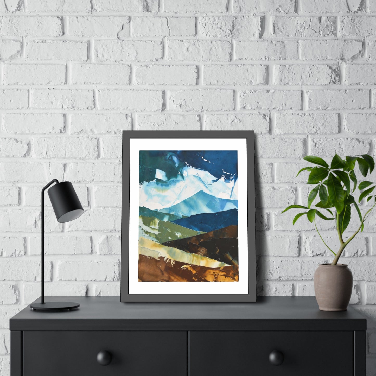 Framed Abstract Mountain Art Print – Blue & Earthtone Layered Landscape Poster
