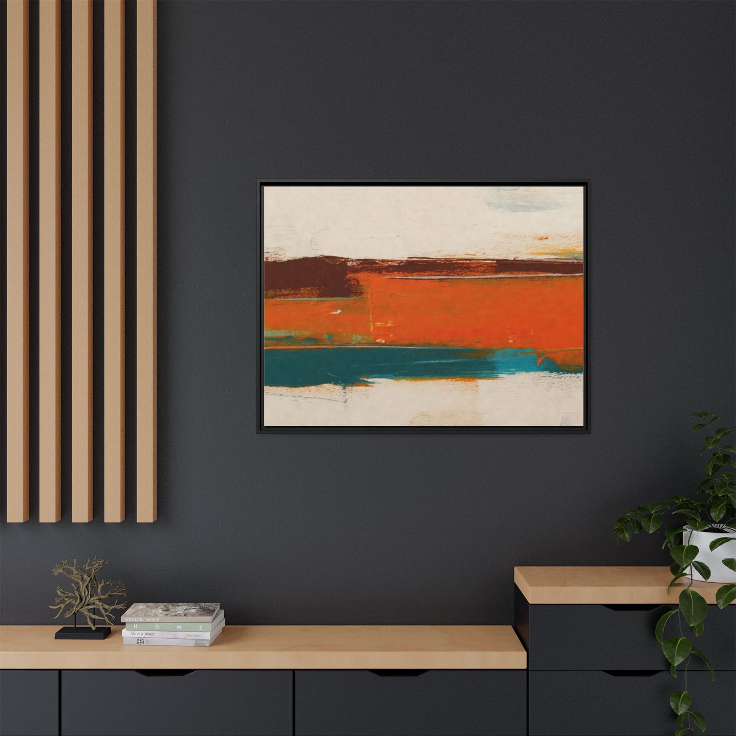 Abstract Horizon Matte Canvas Framed Print — Modern Orange Teal Wall Art