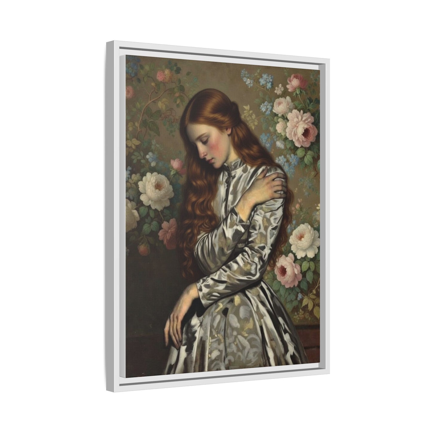 Framed Matte Canvas Art — Vintage Floral Portrait of a Young Woman