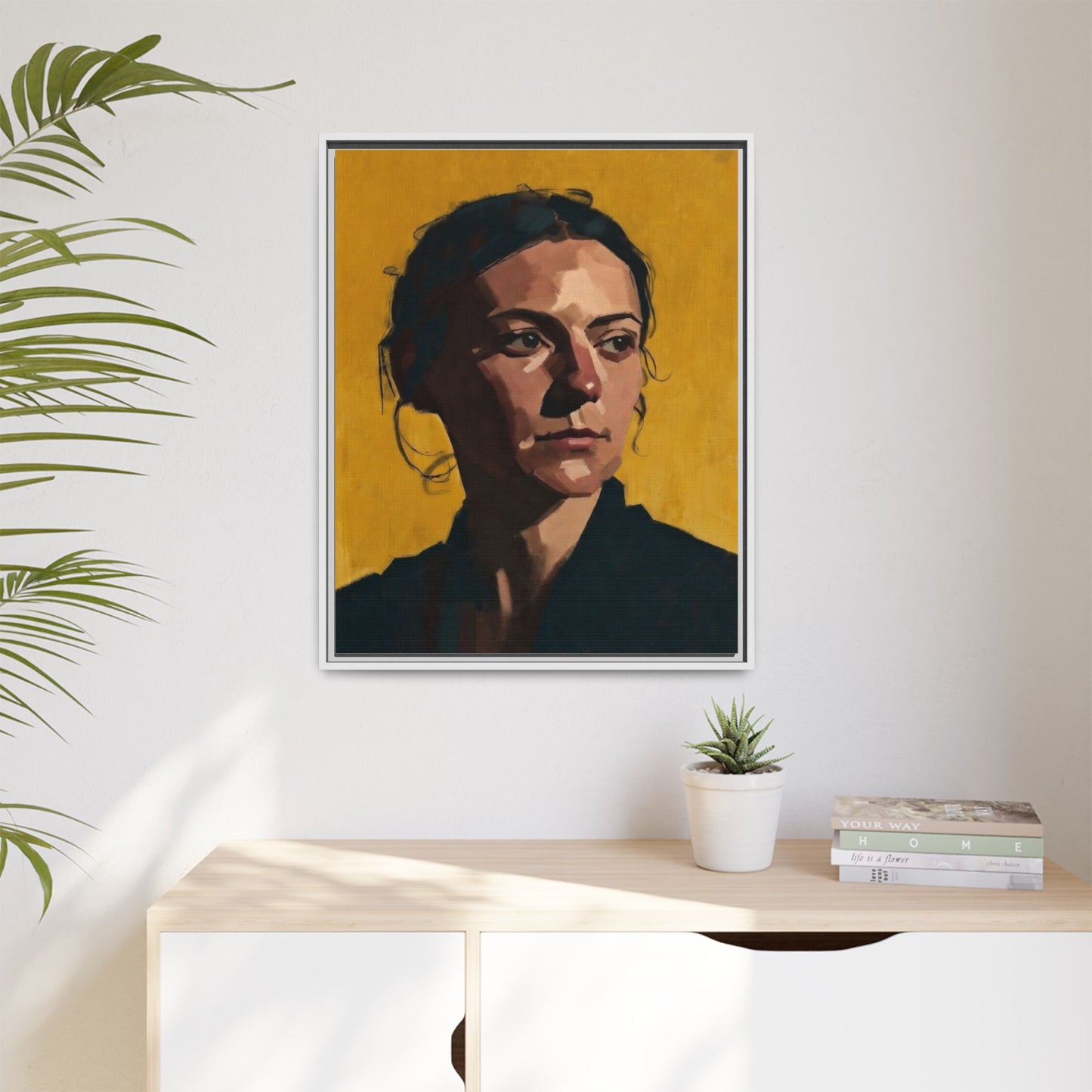 Framed Matte Canvas Portrait Art — Moody Woman on Mustard Background