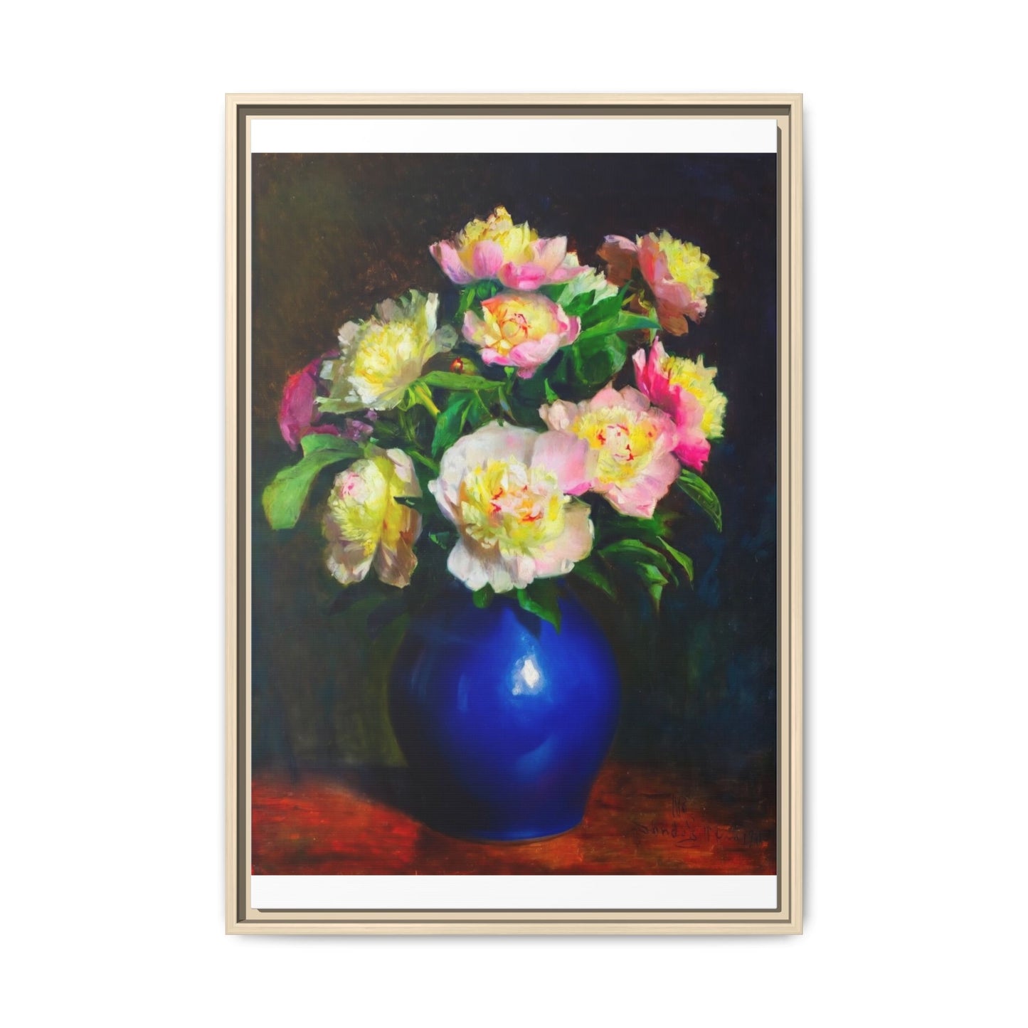 Framed Matte Canvas Wall Art — Vintage Floral Bouquet in Blue Vase