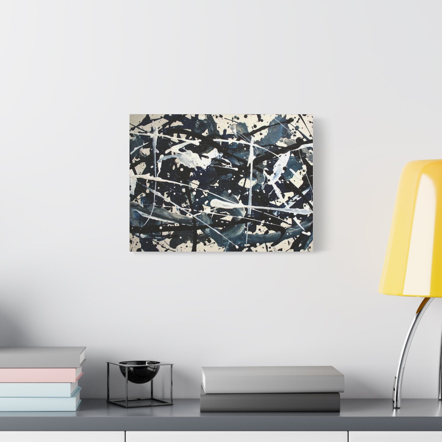 Abstract Drip Painting Canvas Print — Blue & Black Modern Wall Art (Matte Stretched)