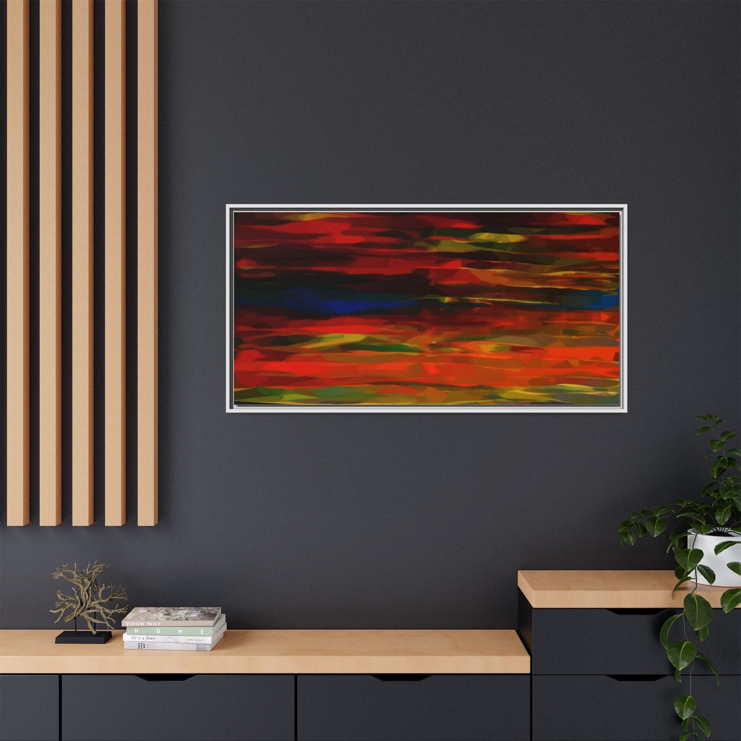 Abstract Multi-Color Matte Canvas Framed Wall Art — Bold Red & Blue Modern Painting