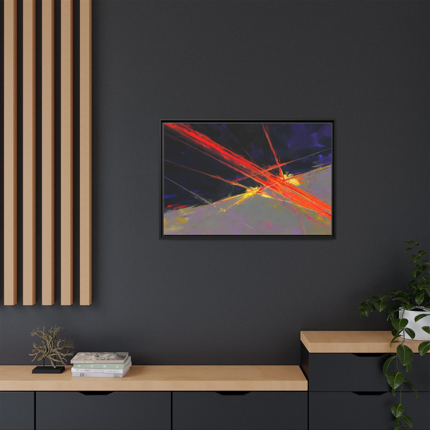 Abstract Red Streaks Framed Matte Canvas Art — Modern Multi‑Color Wall Decor