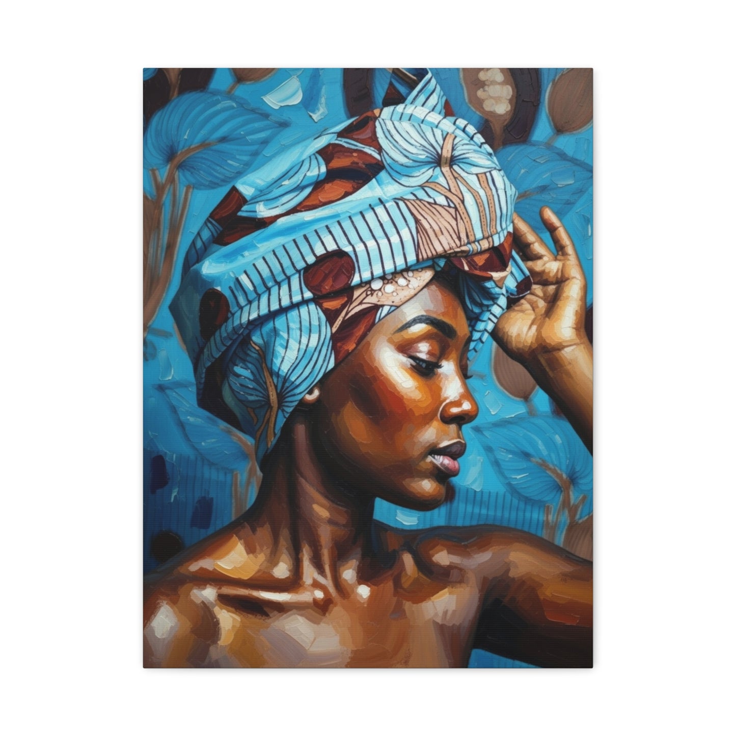 African Woman Portrait Canvas Wall Art - Blue Headwrap Matte Stretched Canvas