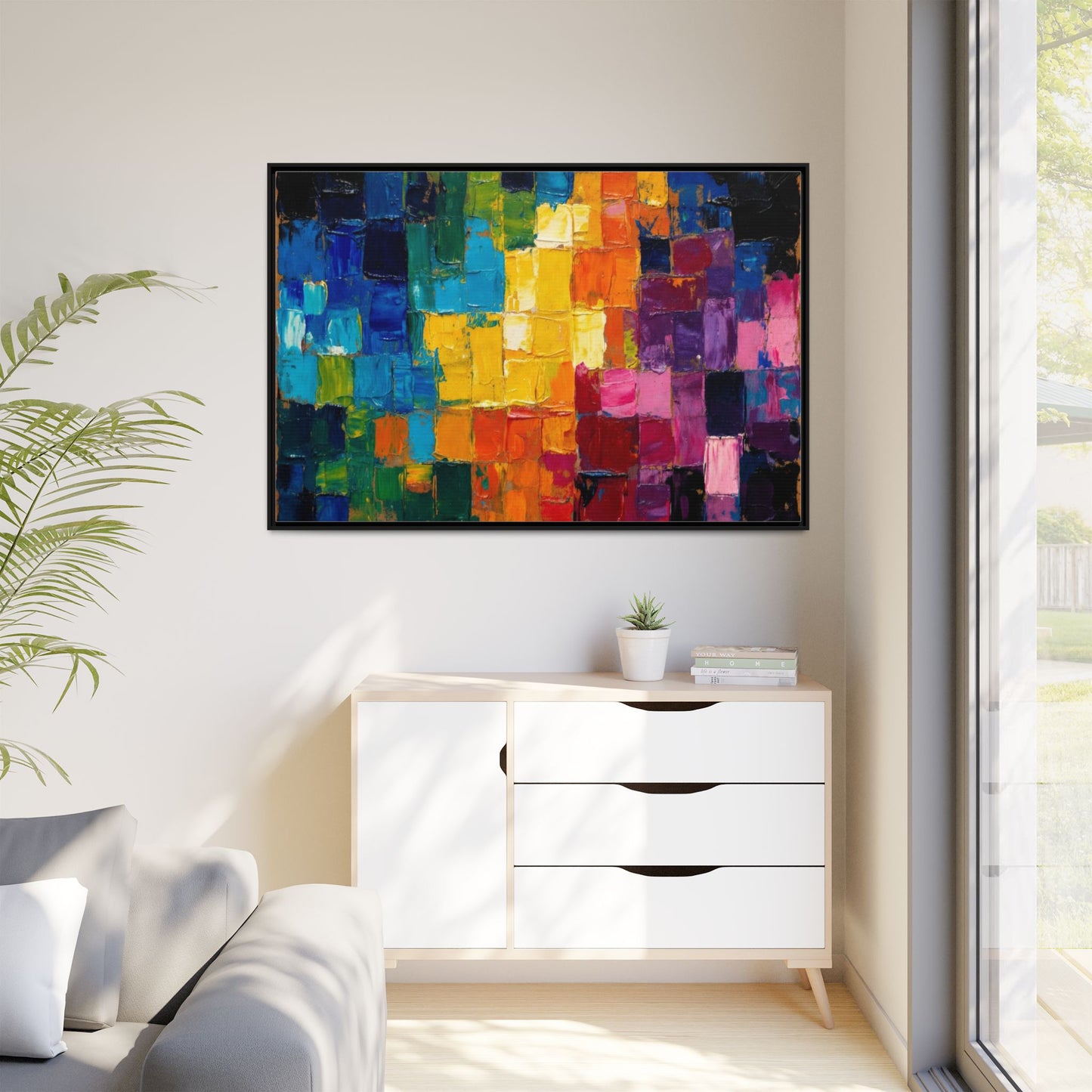 Abstract Rainbow Mosaic Framed Canvas Print — Colorful Modern Wall Art