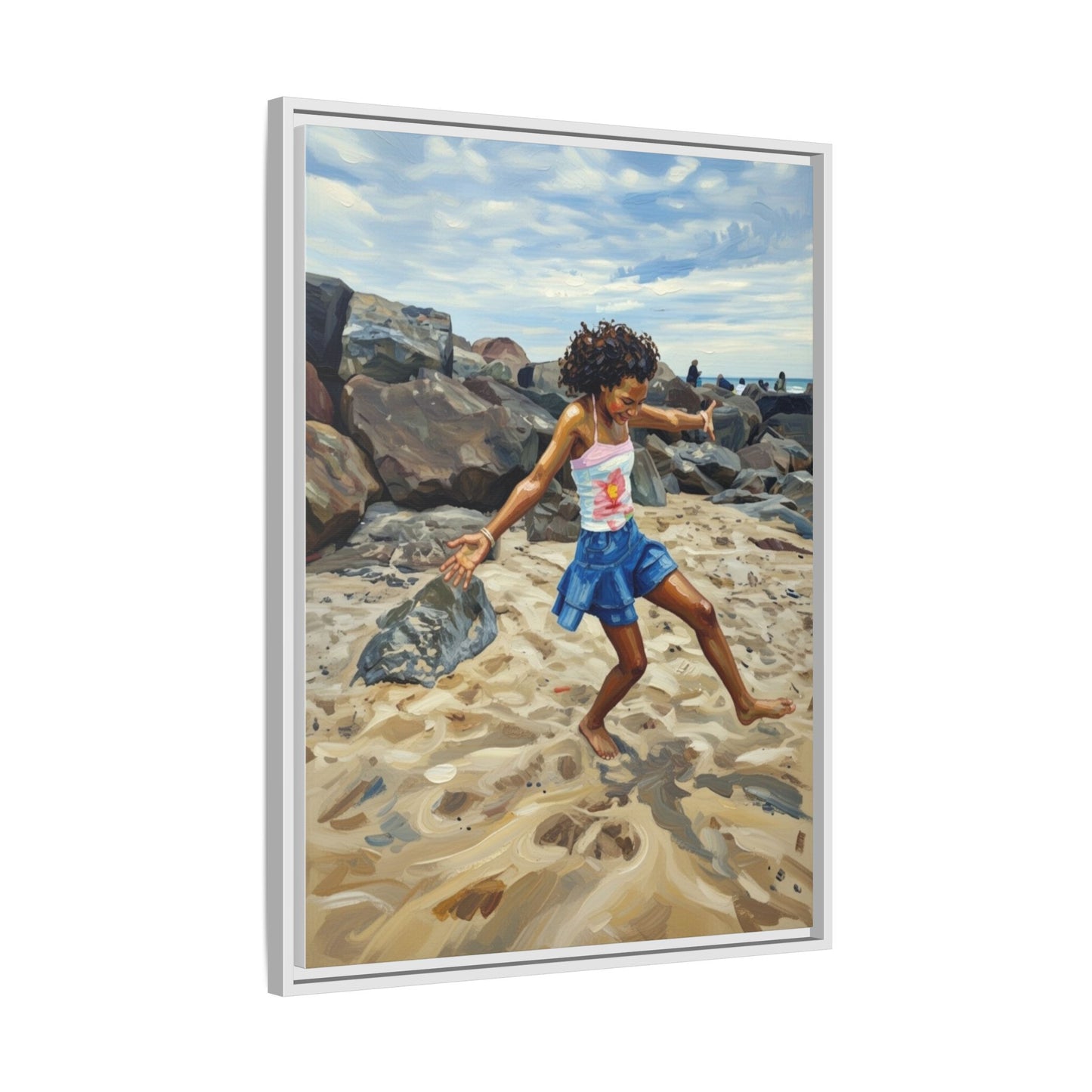 Framed Canvas Art - Girl Dancing on the Beach (Matte Multi-Color)