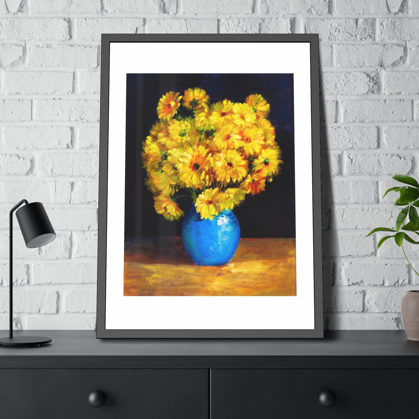 Framed Art Print — Yellow Daisy Bouquet in Blue Vase