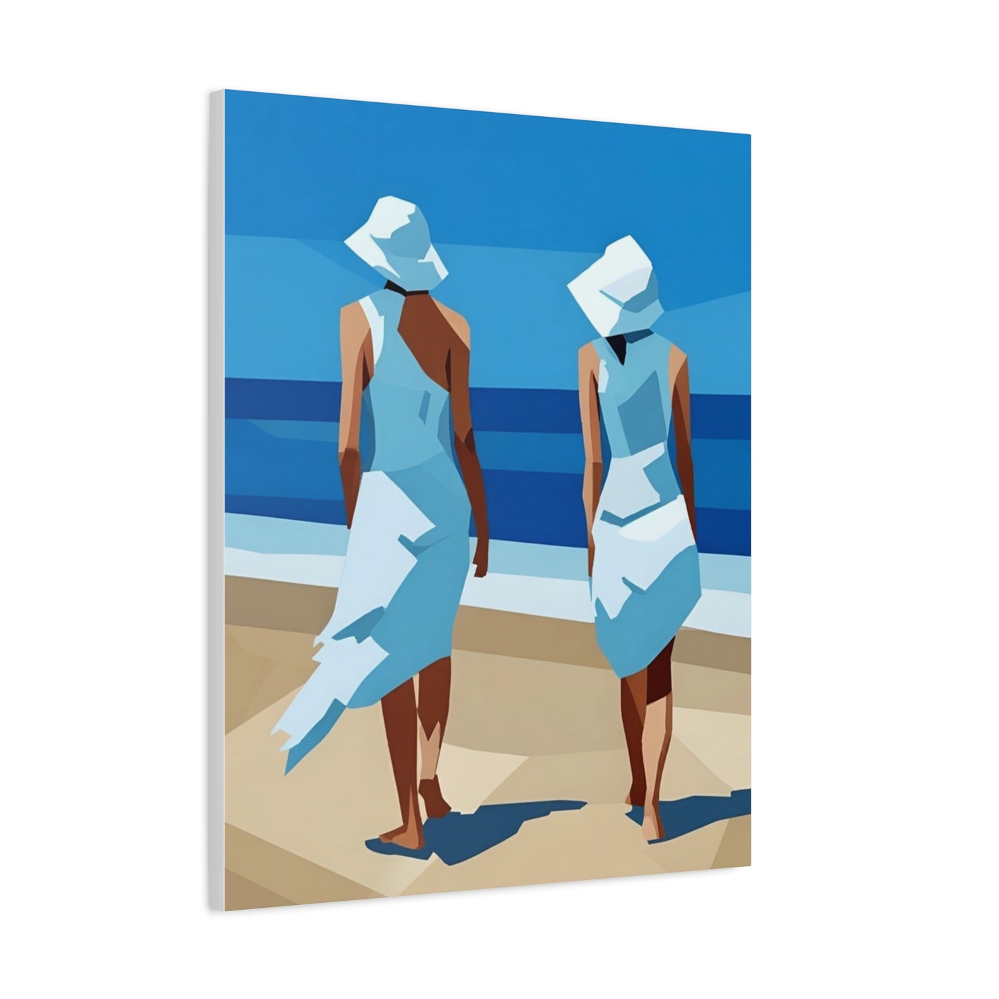 Beach Stroll Canvas Print — Two Women in Blue Sun Hats Matte Stretched