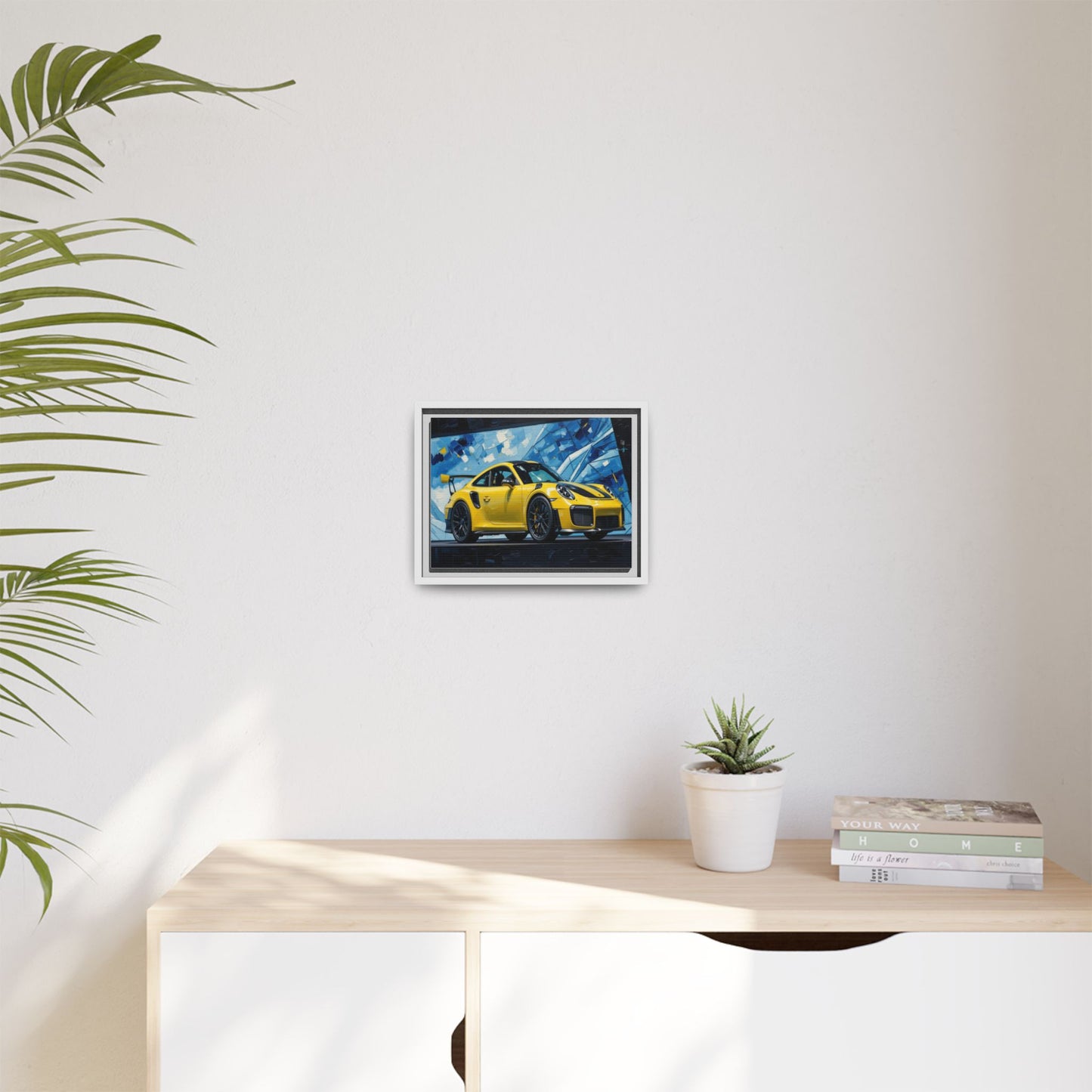 Yellow Porsche Sports Car Matte Framed Canvas – Modern Automotive Wall Art