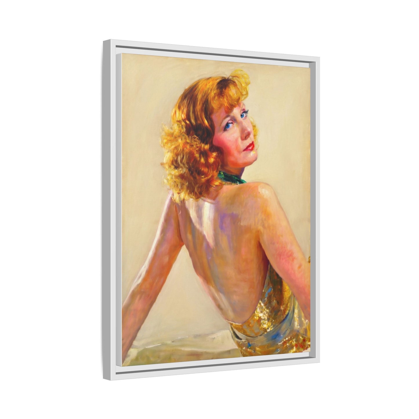 Framed Matte Canvas Print — Vintage Portrait of Redhead Greta Garbo in Gold Dress