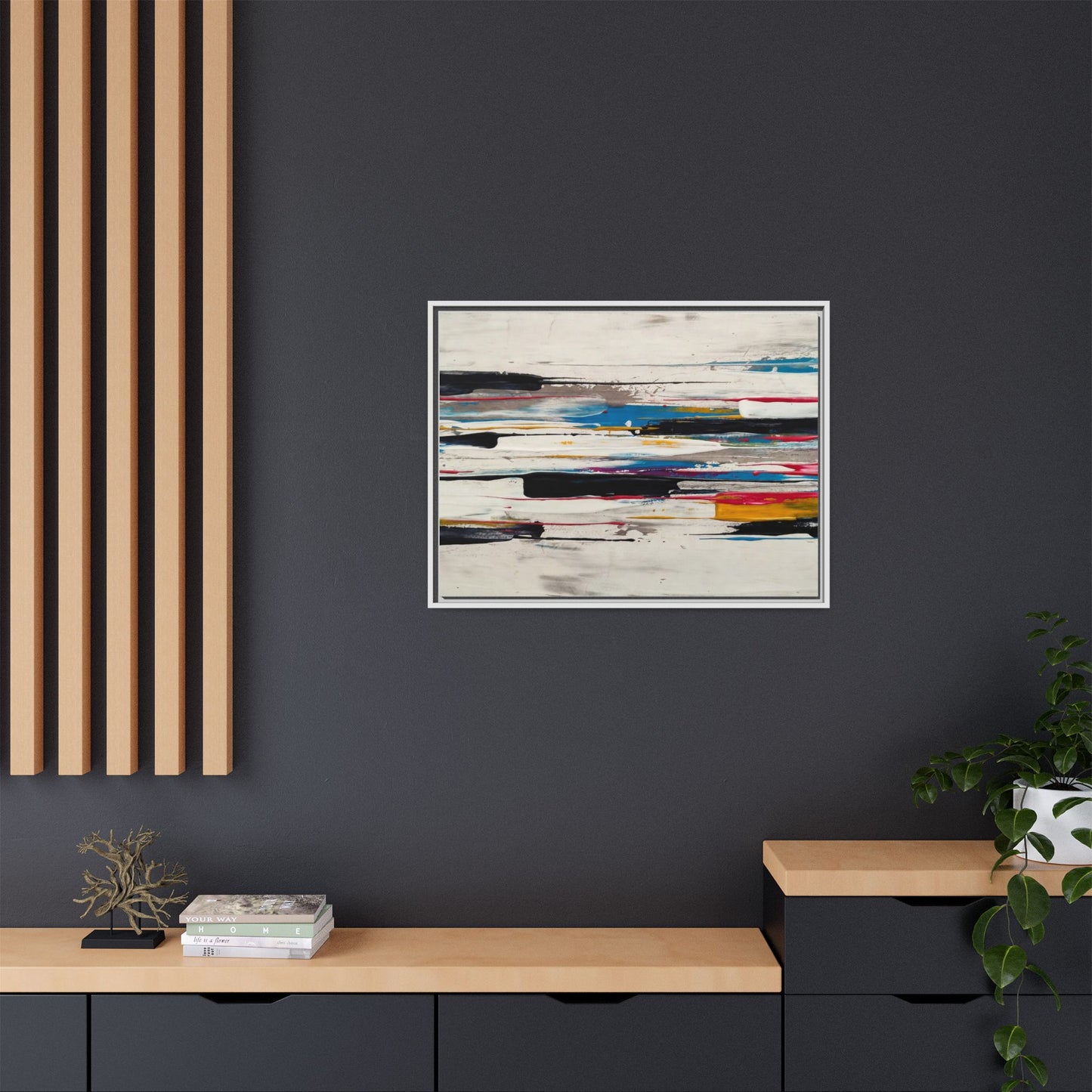 Abstract Multi-Color Framed Canvas Wall Art — Modern Horizontal Brushstroke Print