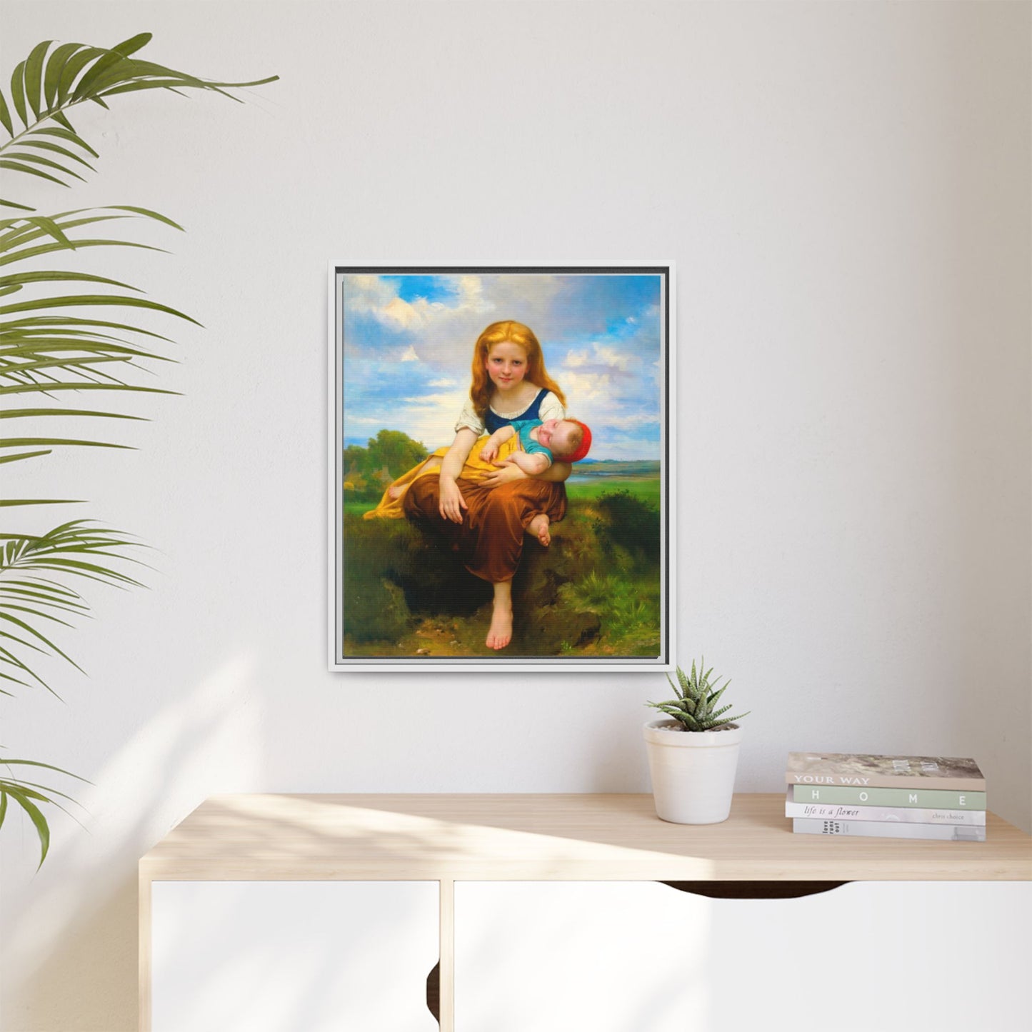Young Girl Holding Sleeping Baby Canvas Print, Framed Wall Art