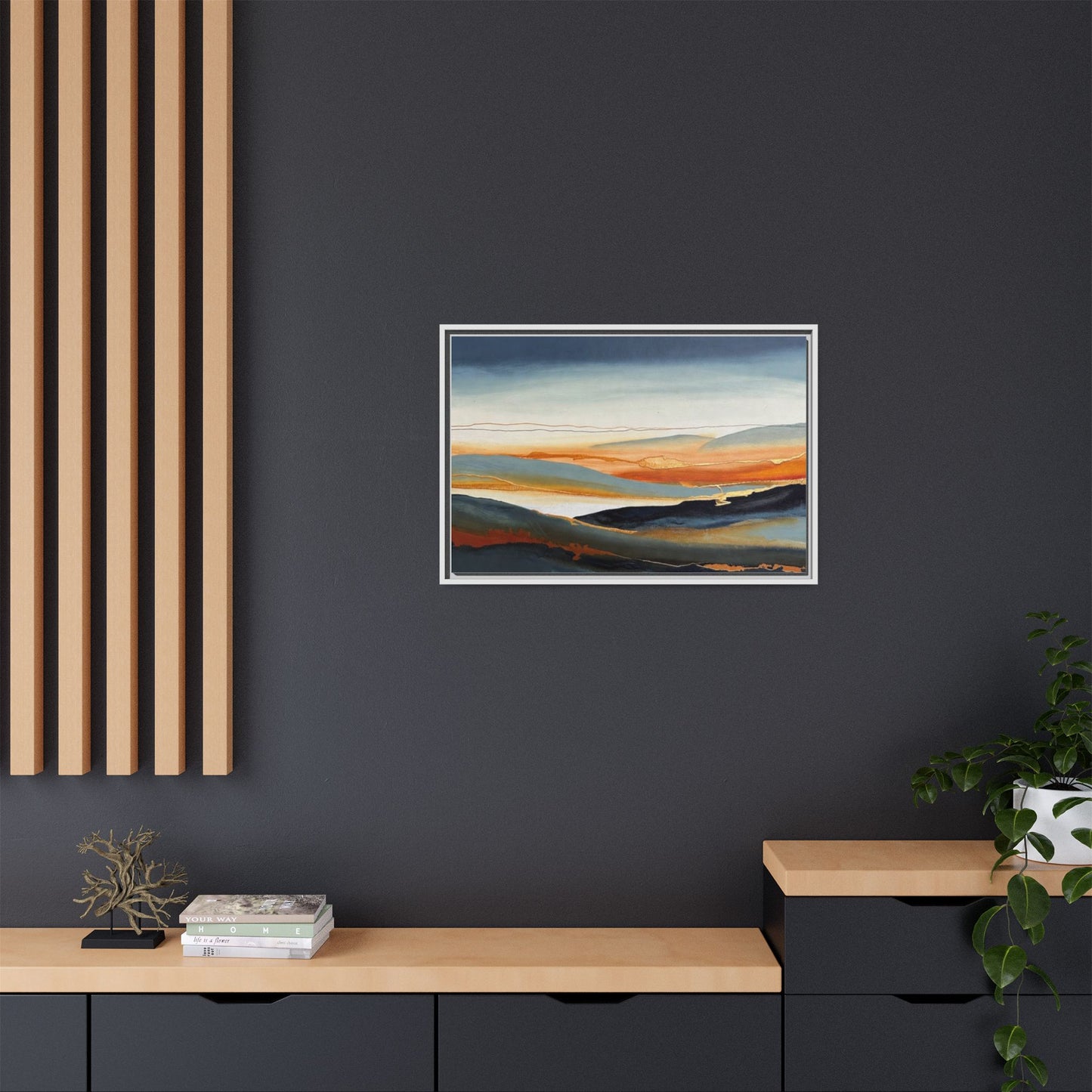 Framed Matte Canvas: Abstract Coastal Sunset Landscape Wall Art