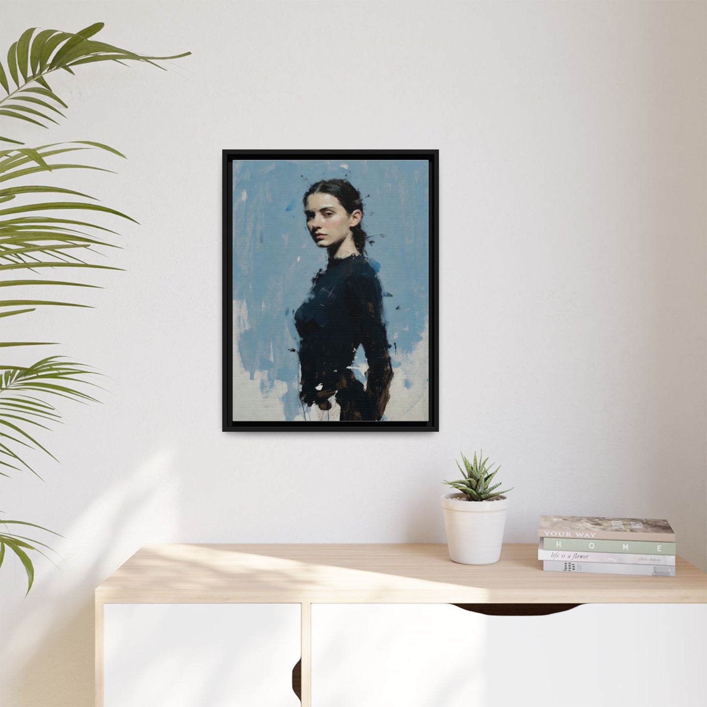 Framed Matte Canvas Portrait Print — Elegant Blue Woman Art