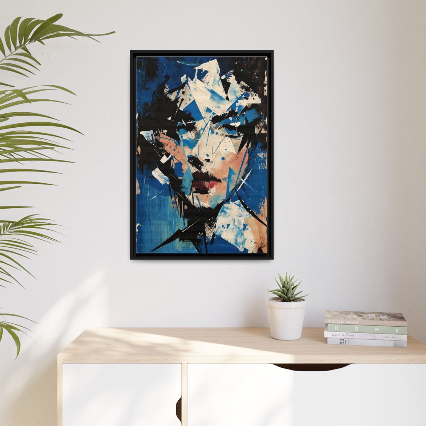 Abstract Portrait Matte Canvas Framed Wall Art — Blue Mixed-Media Face Print