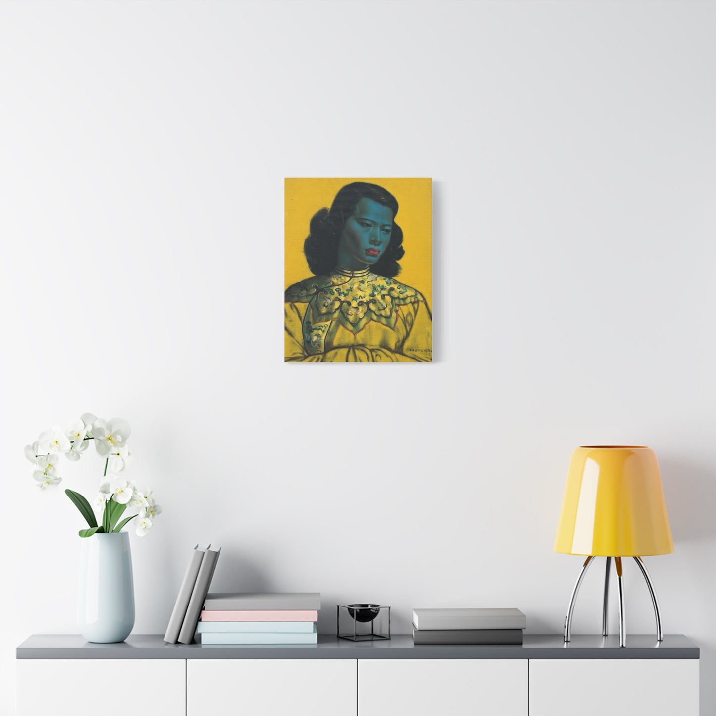 Vintage Portrait Canvas Print — Mid-Century Asian Woman Art on Yellow Background