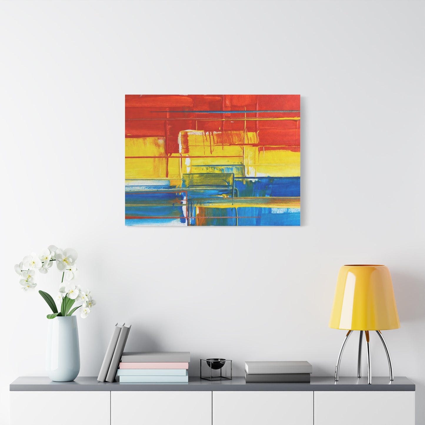 Abstract Color Block Canvas Print — Vibrant Red, Yellow & Blue Stretched Wall Art
