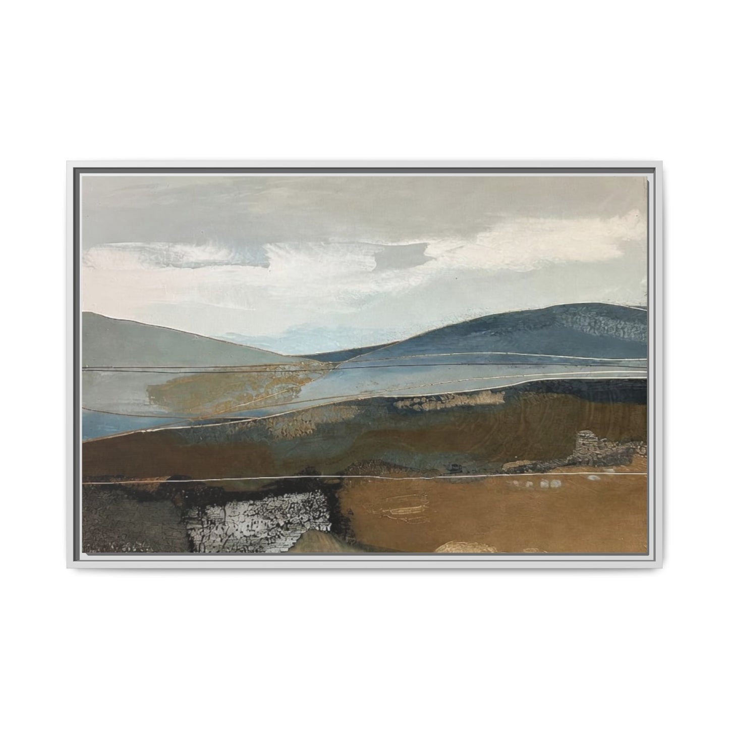 Framed Matte Canvas Landscape Art - Serene Abstract Hills in Blue & Earth Tones