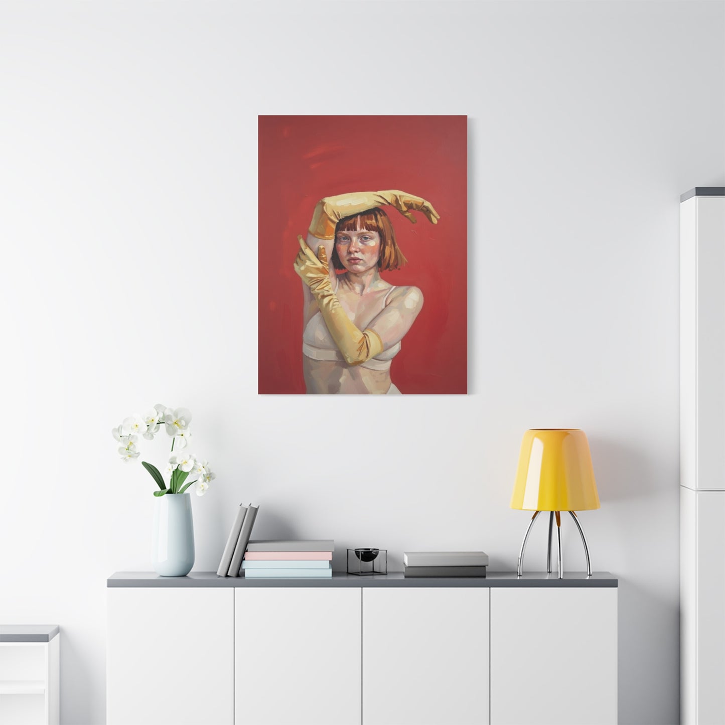 Figurative Portrait Canvas — Woman with Yellow Gloves on Red Background