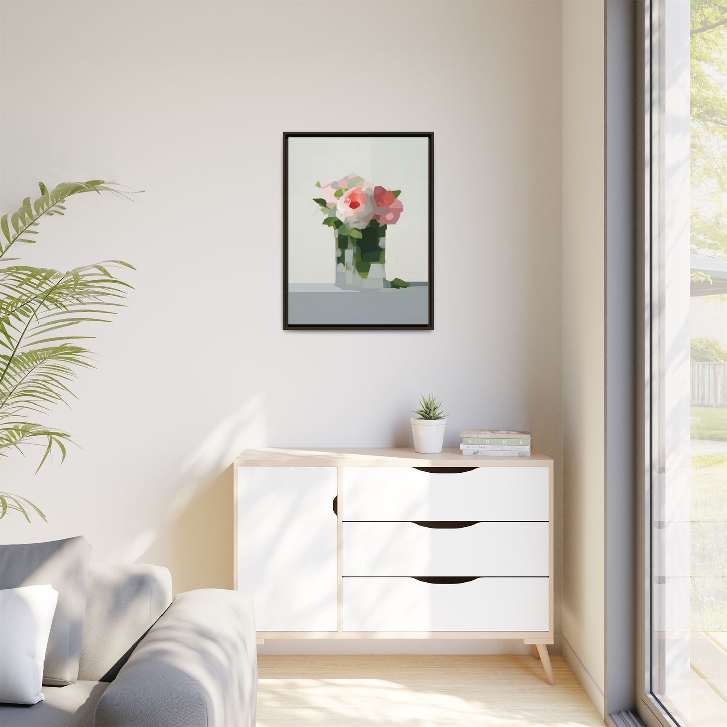 Framed Floral Canvas Print — Modern Pink Roses Still Life