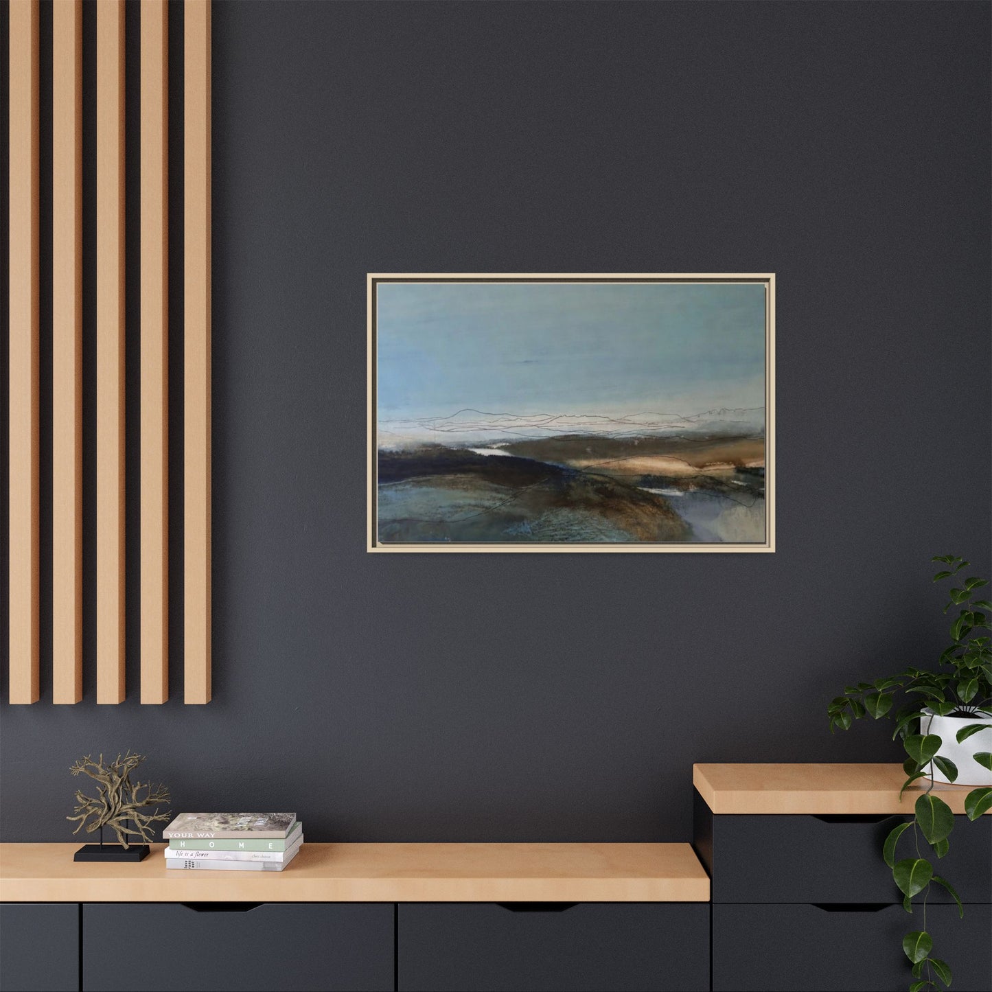 Framed Matte Canvas Wall Art — Serene Abstract Blue Landscape