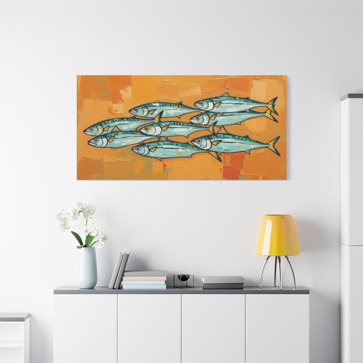 School of Mackerel Canvas Wall Art — Nautical Fish Painting on Orange Background