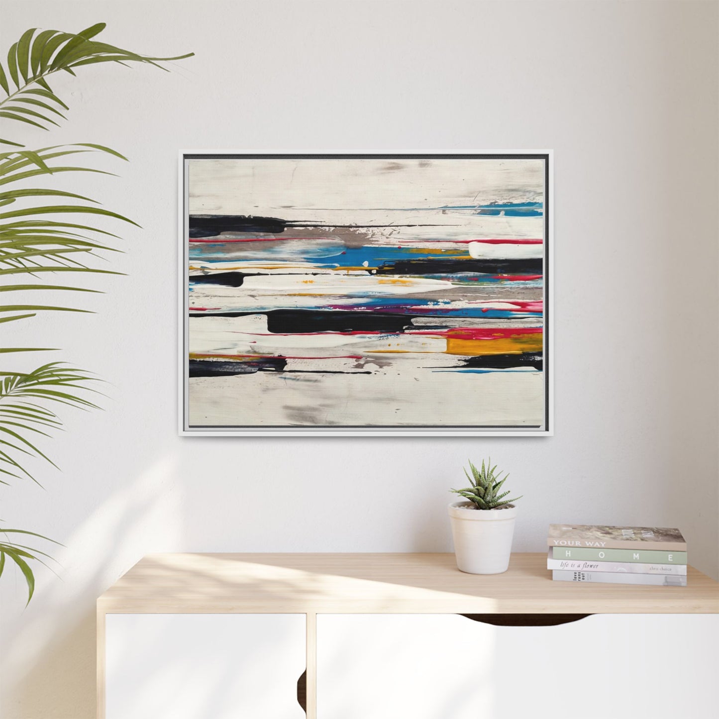 Abstract Multi-Color Framed Canvas Wall Art — Modern Horizontal Brushstroke Print