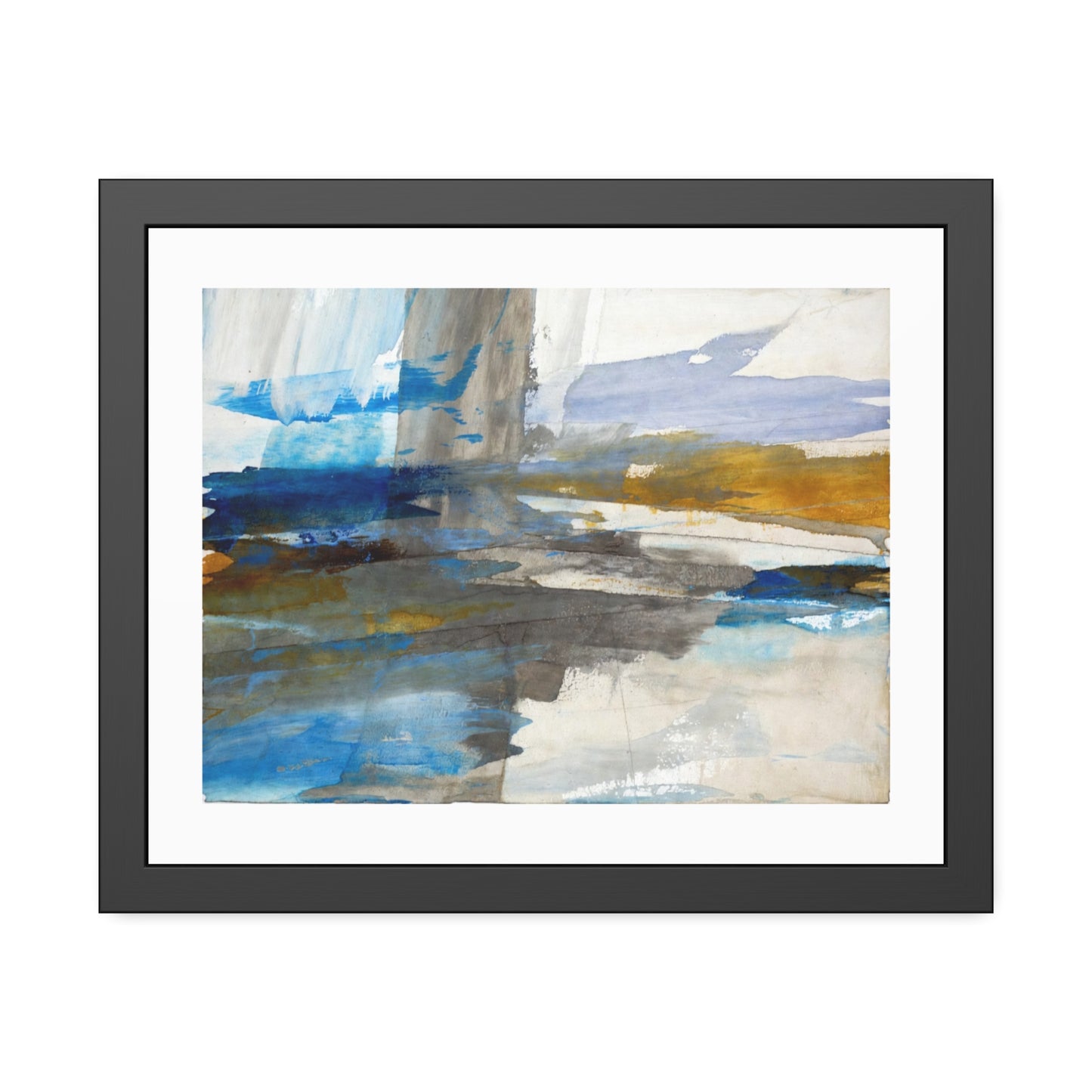 Abstract Coastal Waterscape Framed Poster — Blue & Gold Modern Wall Art