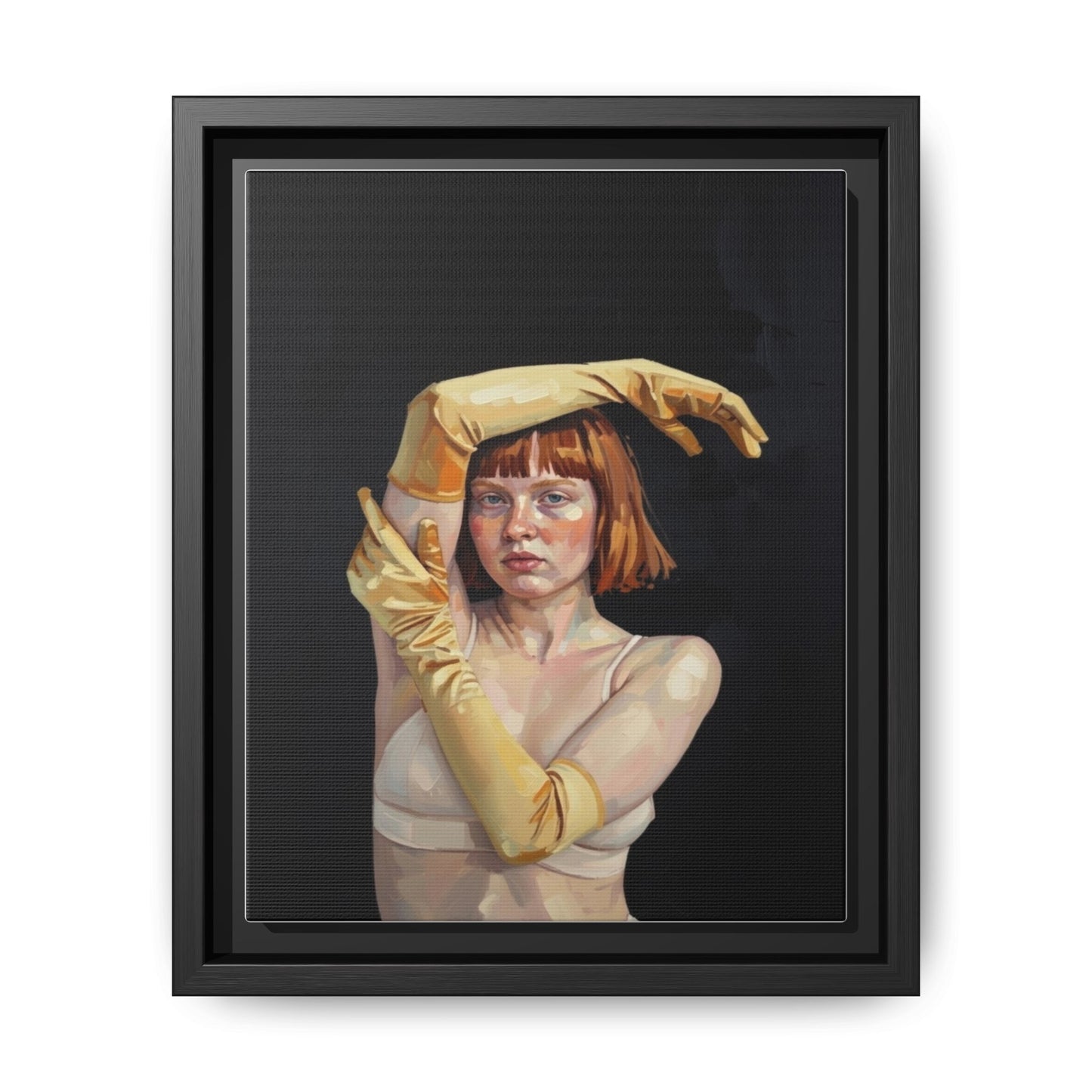 Framed Matte Canvas Art – Portrait of Woman in Yellow Gloves