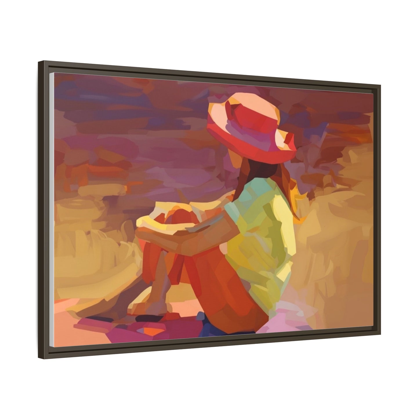 Framed Matte Canvas — Colorful Seated Girl Beach Art