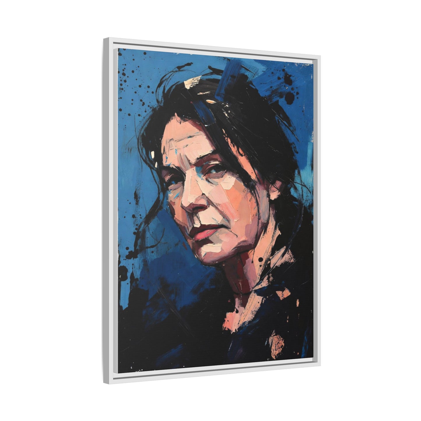 Framed Matte Canvas Portrait — Expressive Blue Painterly Woman Art