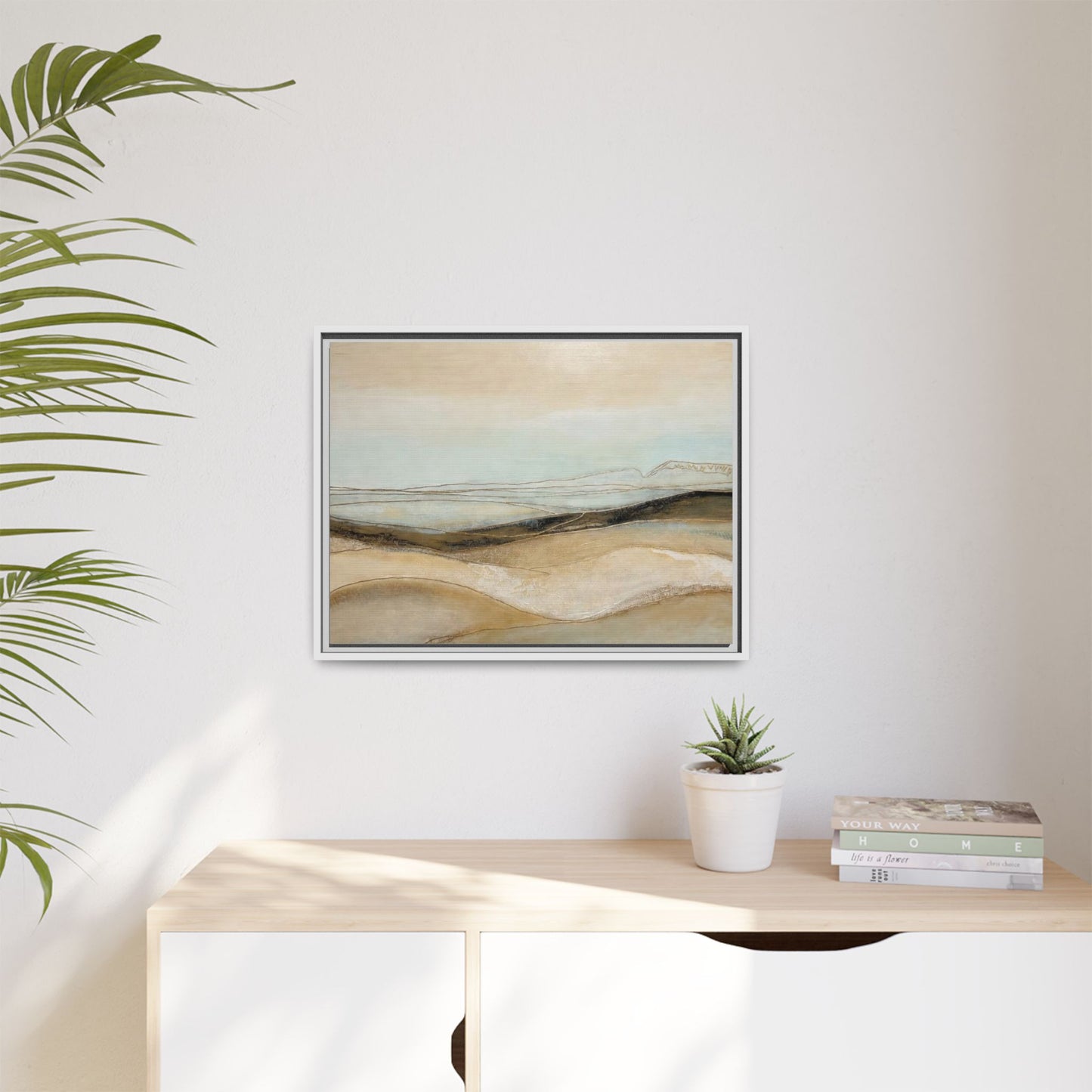 Framed Matte Canvas Wall Art — Neutral Abstract Landscape in Soft Blues & Earth Tones