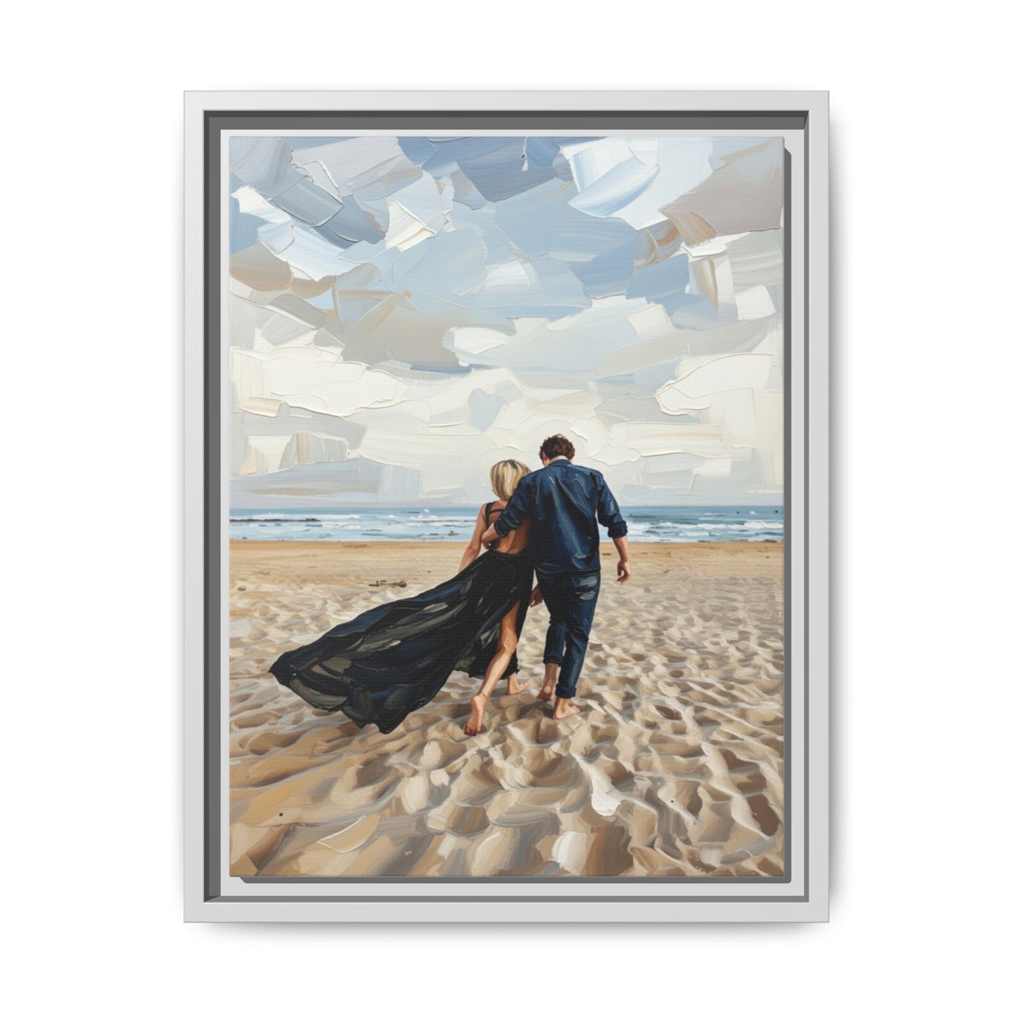 Framed Canvas Wall Art — Romantic Couple Walking on Beach Print